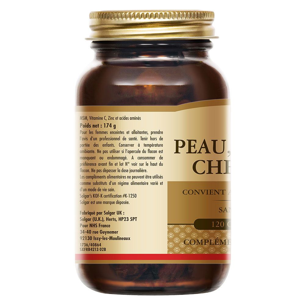 Dos du flacon avec informations nutritionnelles et fabricant. Texte en français. 120 comprimés.