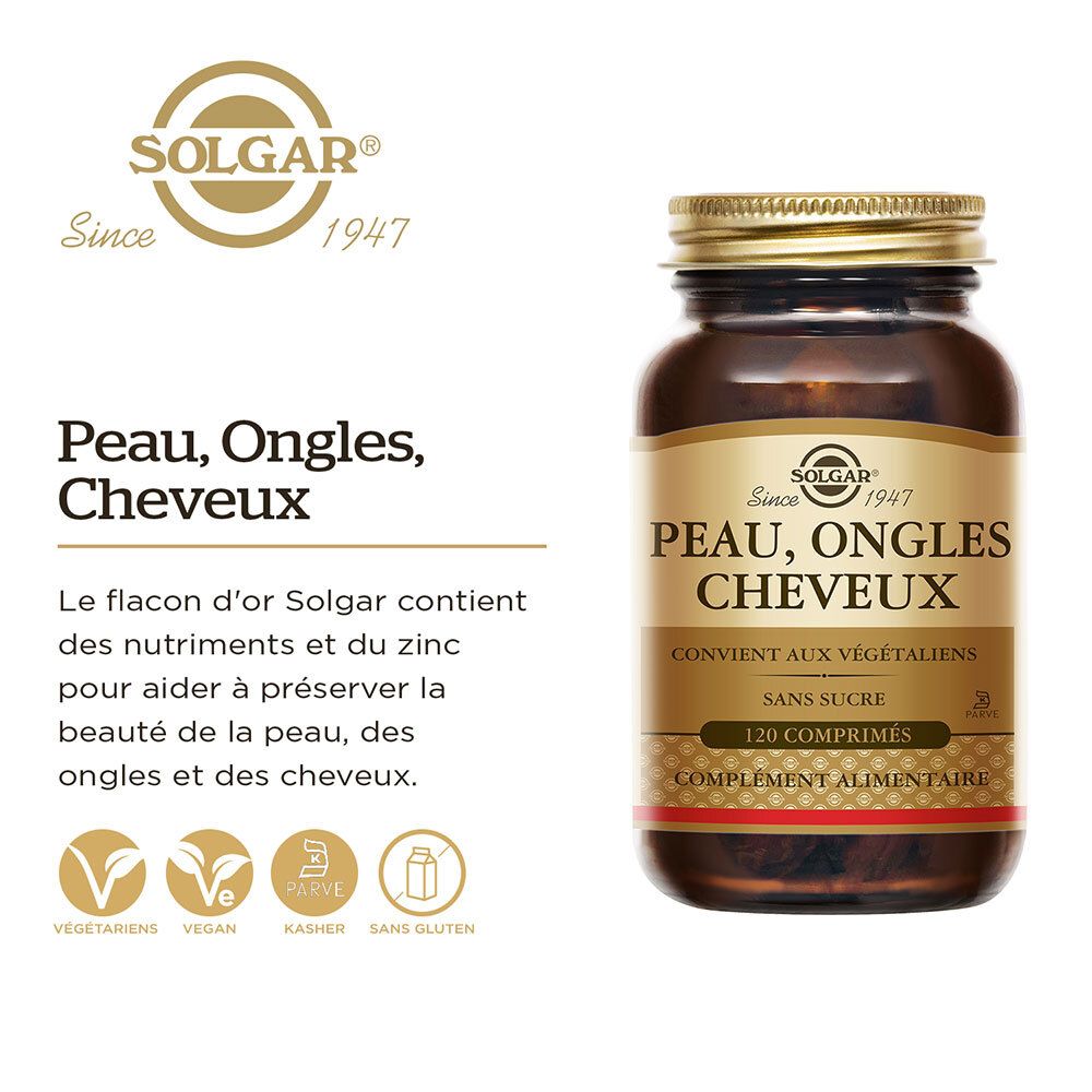 Flacon avec étiquette « Peau, Ongles, Cheveux ». Logo « Solgar ». Texte : 120 comprimés. Vegan.