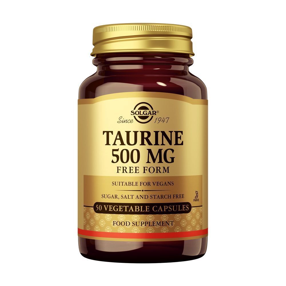Flacon en verre brun, bouchon doré. Étiquette "Taurine 500 MG" et logo Solgar. 50 gélules végétales.