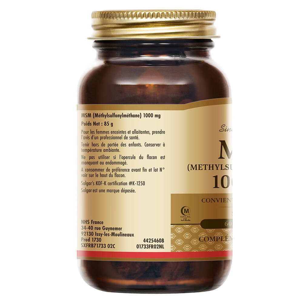 Rückseite der Flasche. Text mit Inhaltsstoffen, Dosierung, Warnhinweisen. Marke Solgar, KOF-K Zertifizierung.