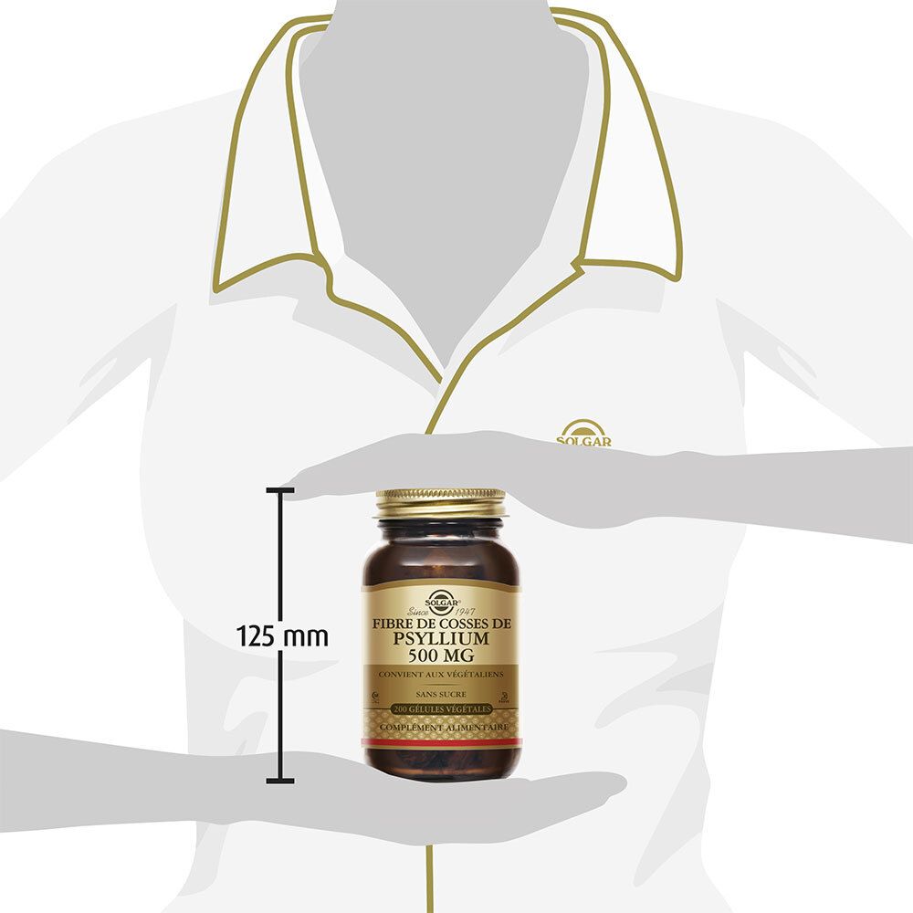 Person hält Flasche. Maßband zeigt 125 mm. Flasche: SOLGAR Psyllium Husks Fibre 500 mg.