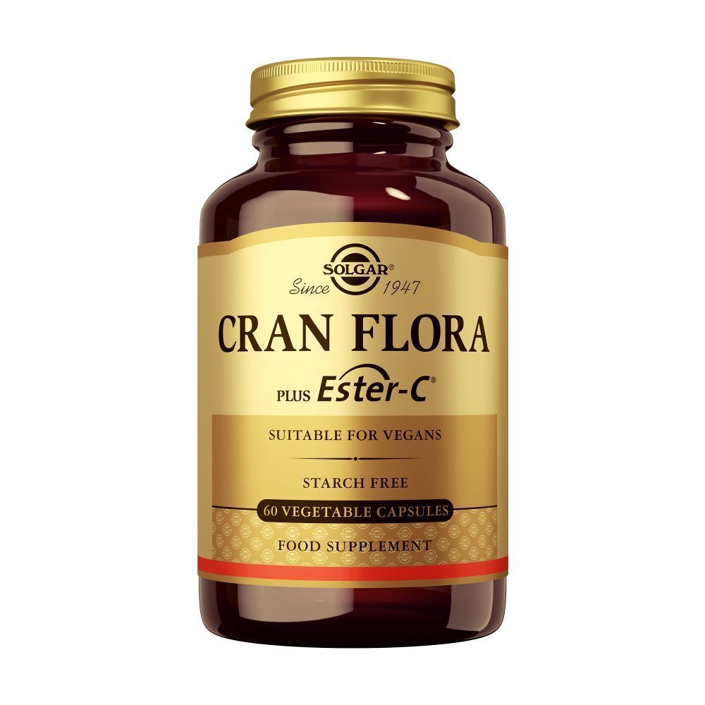 Flacon Solgar Cran Flora Plus Ester-C. Inscription: Cranberry, Ester-C, 60 gélules, convient aux végétaliens.