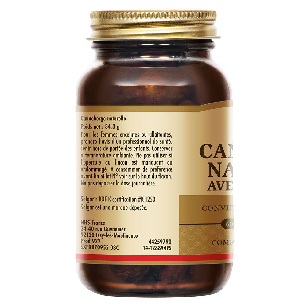 Dos du flacon. Texte : Canneberge naturelle. Poids net : 34,3 g. Informations et avertissements.