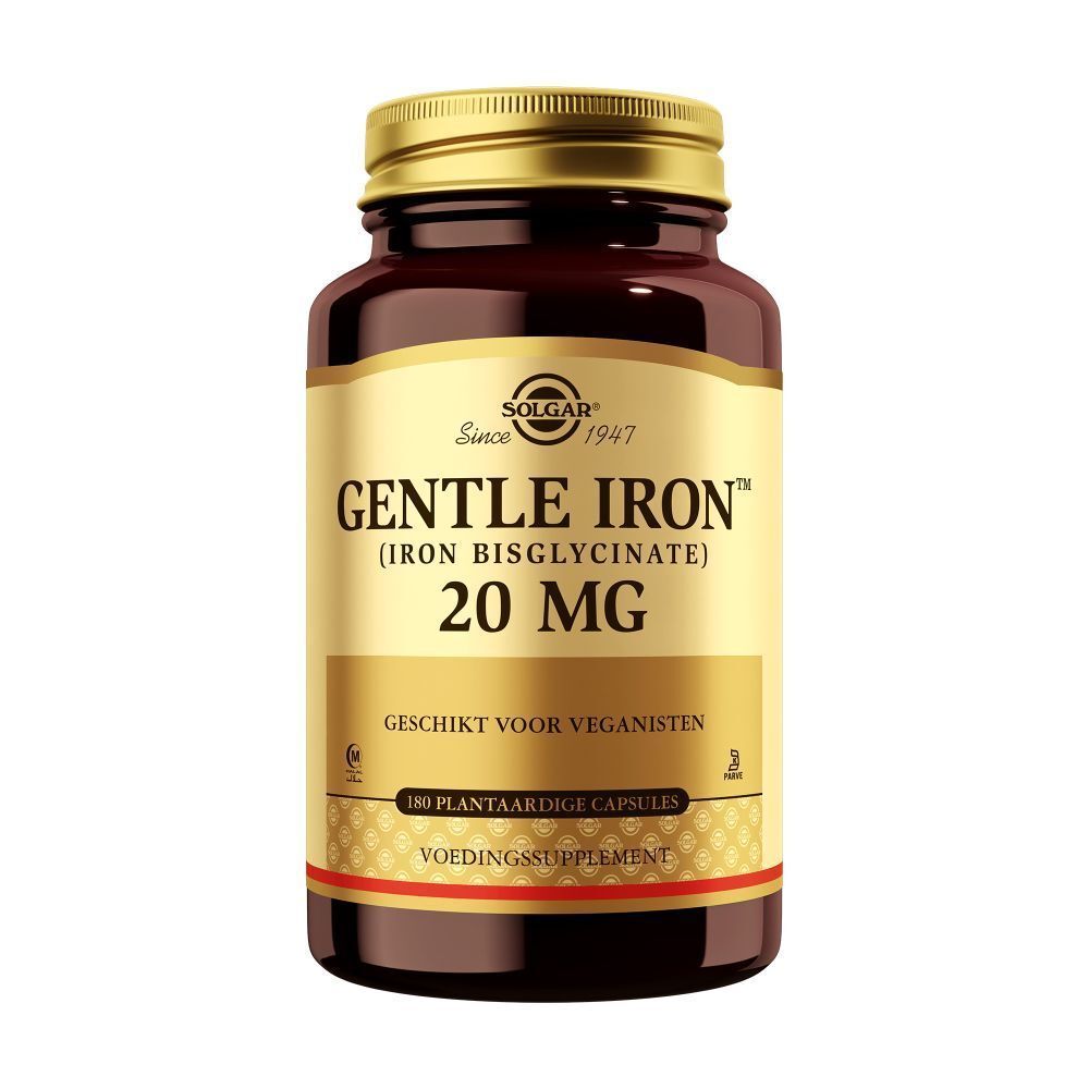 Flacon marron Solgar Gentle Iron. Inscription: Gentle Iron, 20 MG, Convient aux végétaliens. 180 capsules. Complément alimentaire.