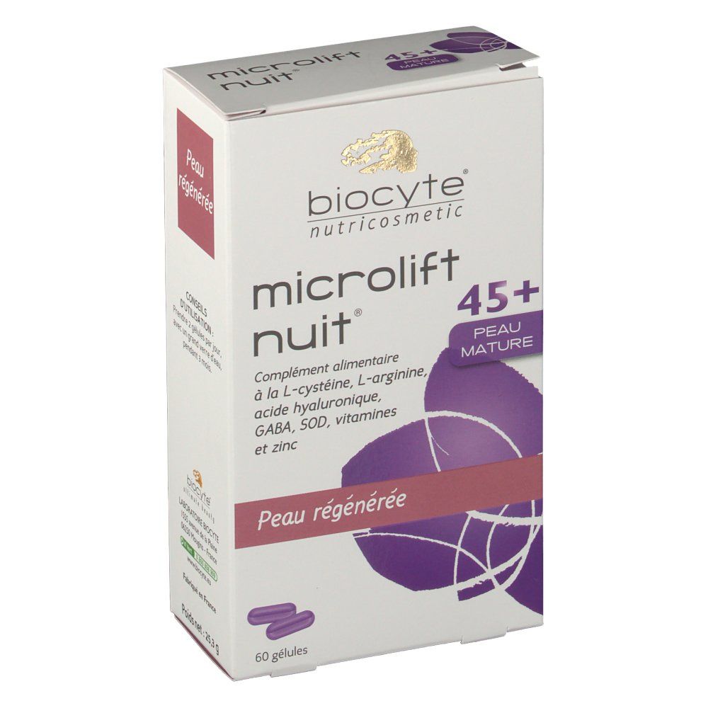 Boîte blanche avec nom et logo du produit. Accent violet avec texte. Deux gélules en bas. Texte: 'Peau régénérée'.