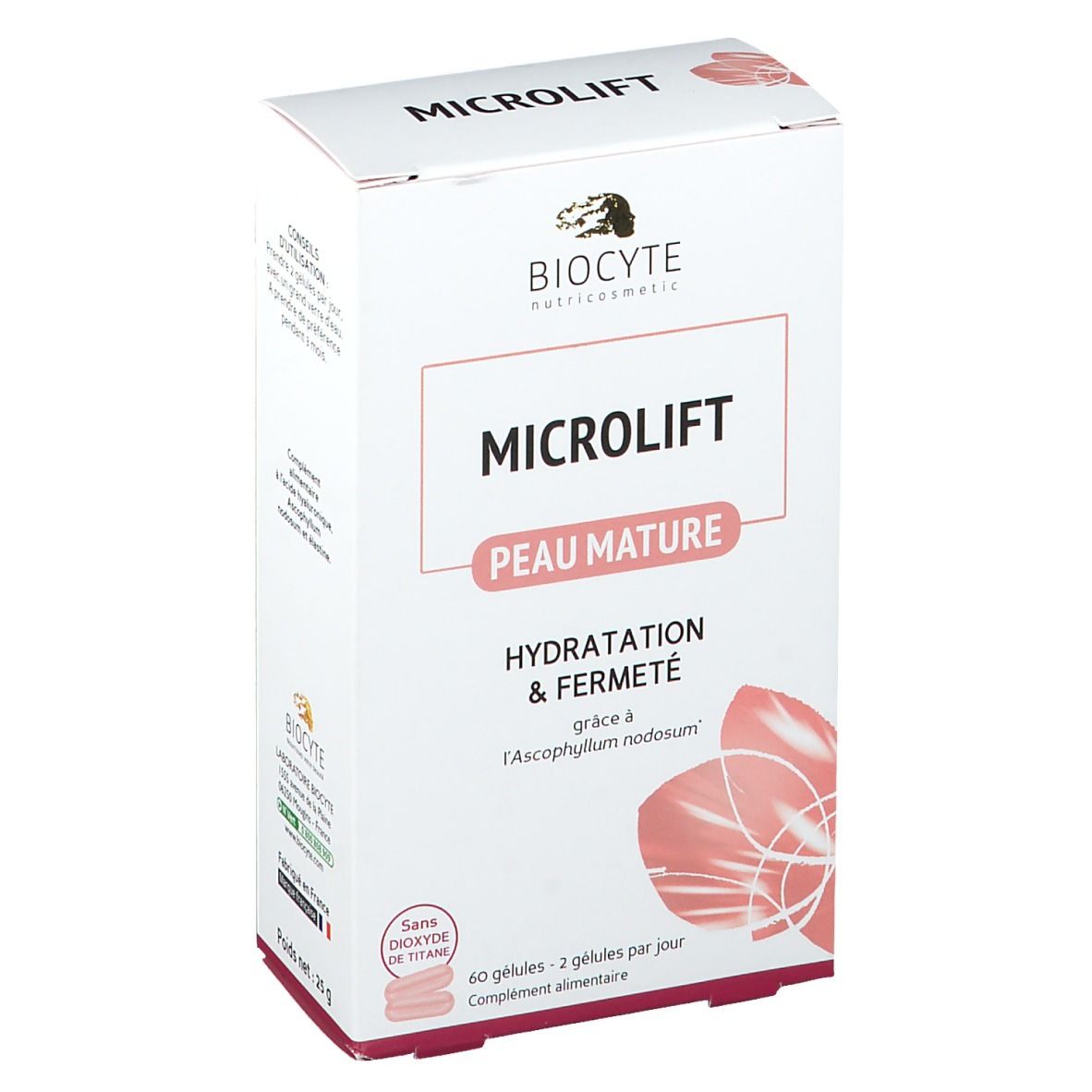 Weiße Schachtel mit Produktnamen und Logo. Text: Microlift, Peau Mature, Hydratation & Fermeté. Enthält 60 Kapseln.