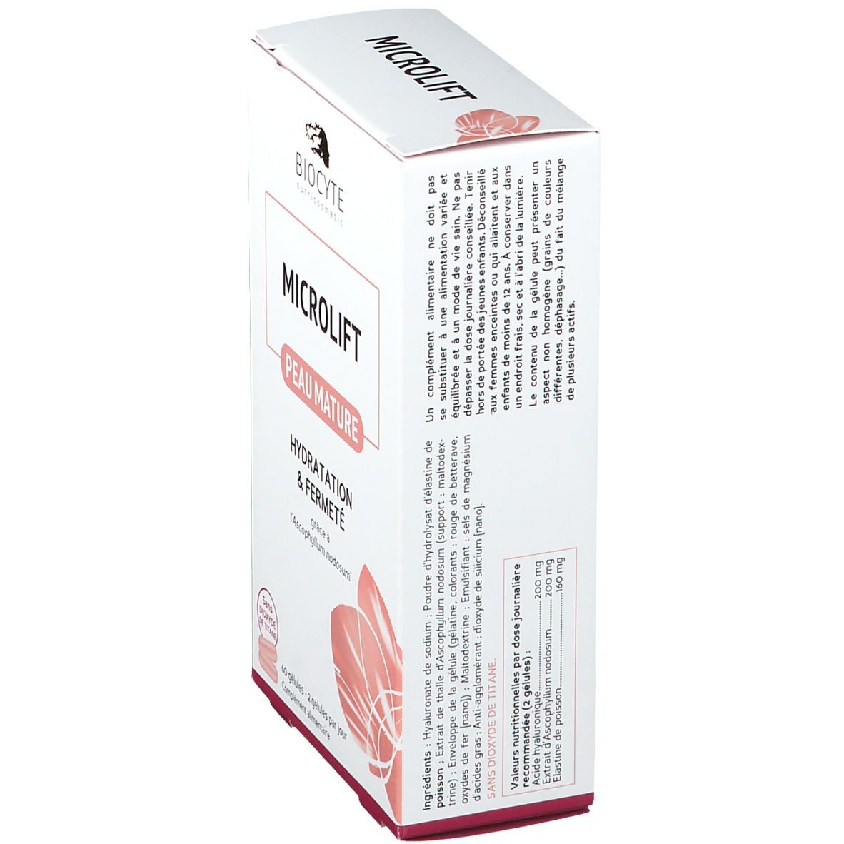 Weiße Schachtel, Seitenansicht. Text: Microlift, Peau Mature, Hydratation & Fermeté. Inhaltsstoffe und Nährwertangaben sind sichtbar.