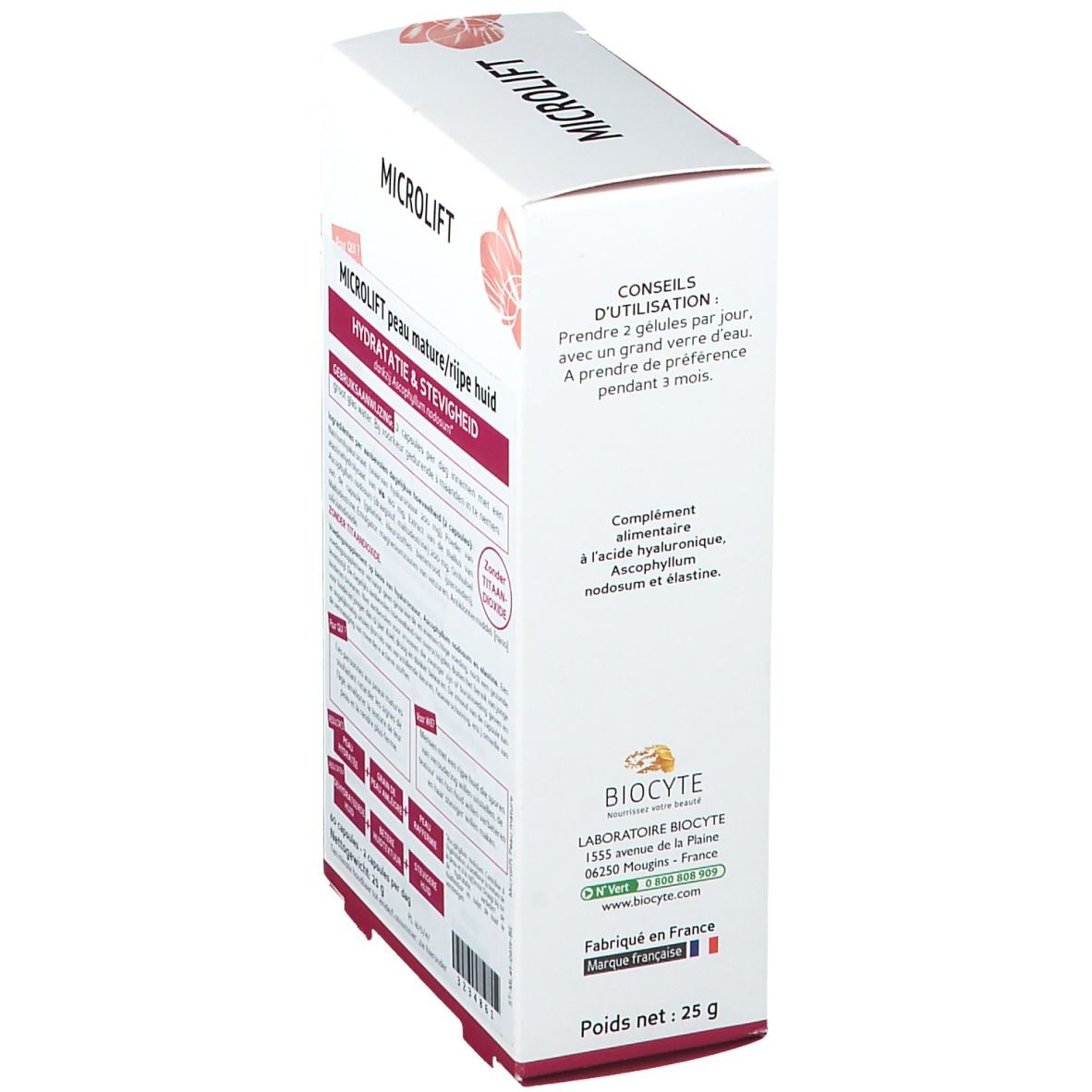 Weiße Schachtel, Rückansicht. Text: Microlift, Peau Mature, Hydratation & Fermeté. Gebrauchsanweisung und Herstelleradresse.