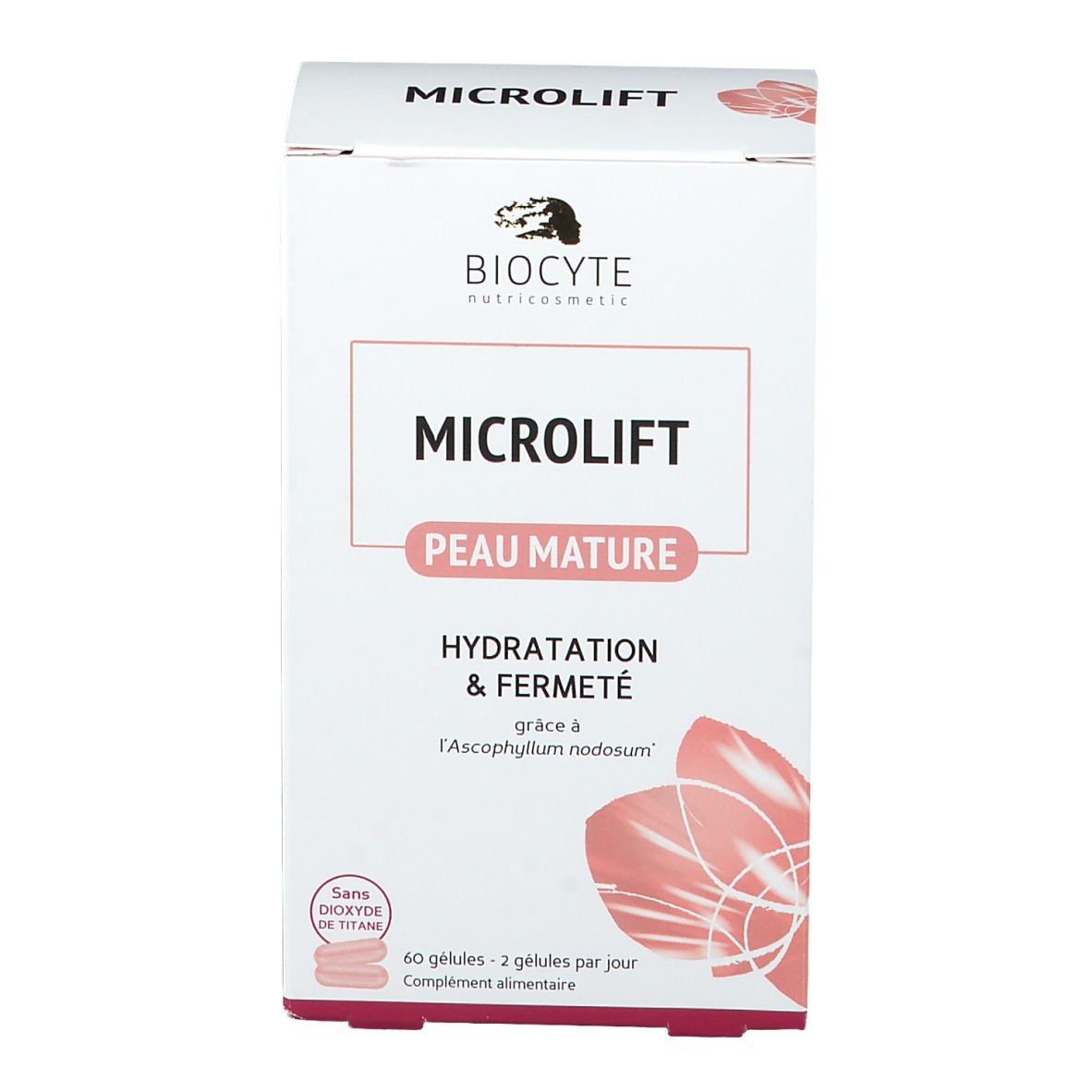 Weiße Schachtel mit Produktnamen und Logo. Text: Microlift, Peau Mature, Hydratation & Fermeté. Enthält 60 Kapseln.