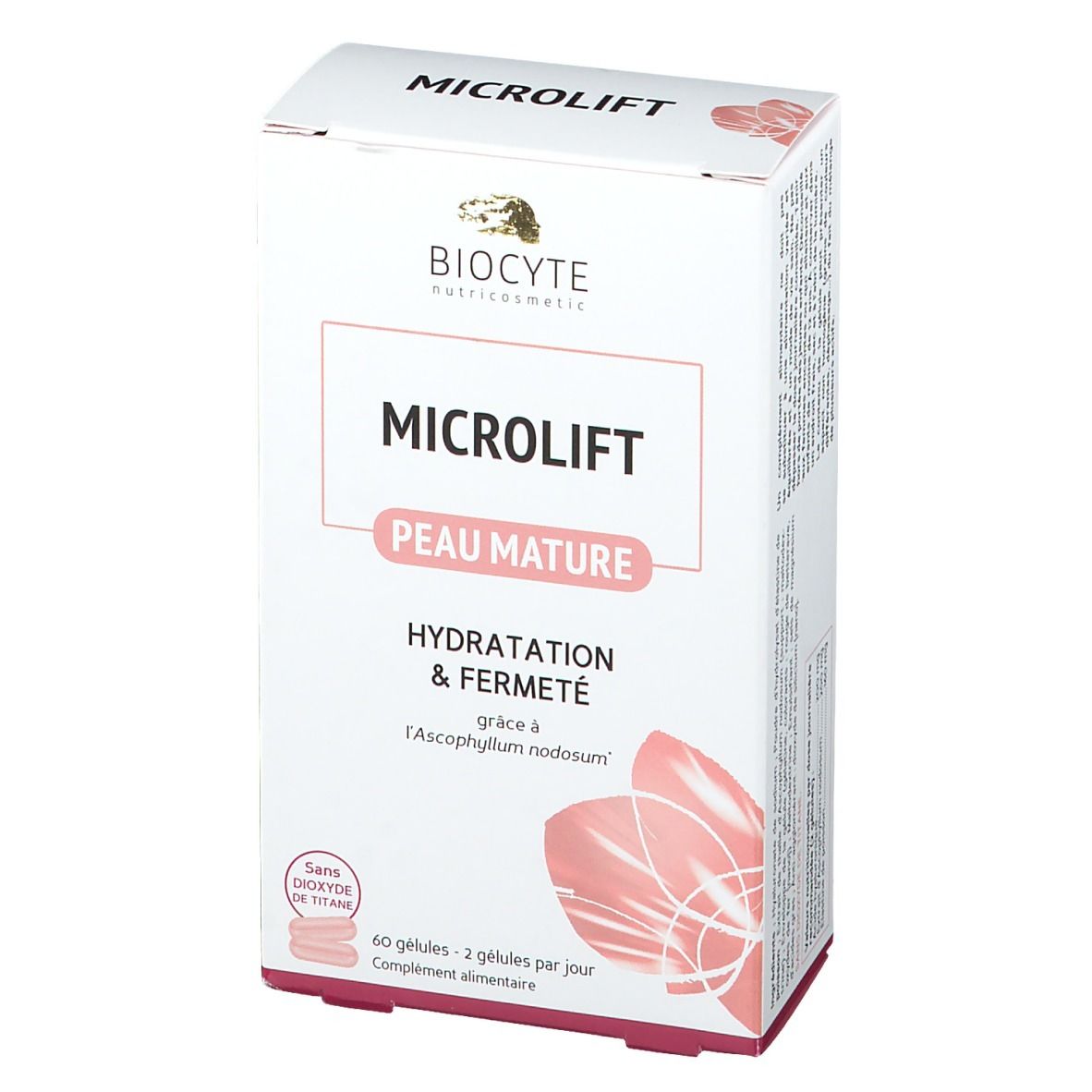 Weiße Schachtel mit Produktnamen und Logo. Text: Microlift, Peau Mature, Hydratation & Fermeté. Enthält 60 Kapseln.