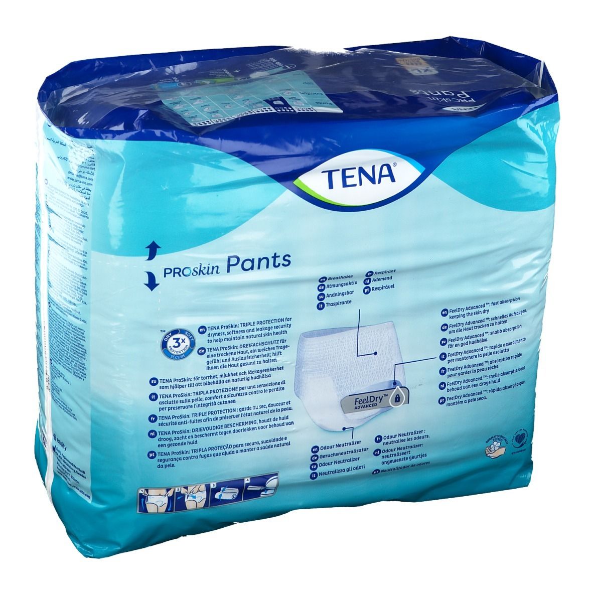Rückseite der Folienverpackung von TENA ProSkin Pants. Aufdrucke: TENA, ProSkin Pants, Produktinformationen, FeelDry. Piktogramme und Text in mehreren Sprachen.