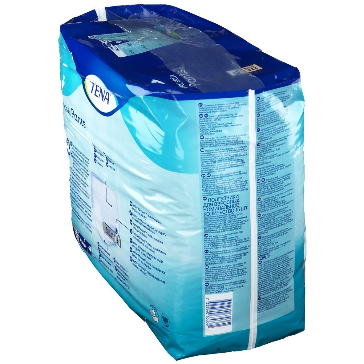 Seitenansicht der Folienverpackung von TENA ProSkin Pants. Aufdrucke: TENA, ProSkin Pants, Produktinformationen. Barcode und Text in mehreren Sprachen.