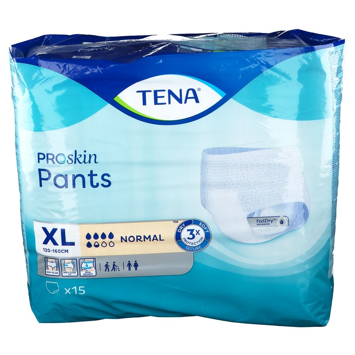 TENA ProSkin Pants XL Normal in Folienverpackung. XL-Größe, 120-160cm, 15 Stück. Aufdrucke: TENA, ProSkin Pants, Normal, 3x Schutz, FeelDry.