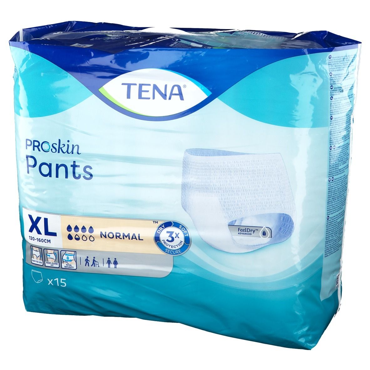 TENA ProSkin Pants XL Normal in Folienverpackung. XL-Größe, 120-160cm, 15 Stück. Aufdrucke: TENA, ProSkin Pants, Normal, 3x Schutz, FeelDry.