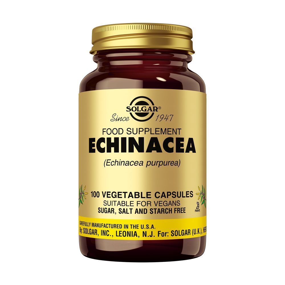 Flacon en verre brun avec couvercle doré. Étiquette SOLGAR, ECHINACEA, 100 gélules. Convient aux végétaliens.