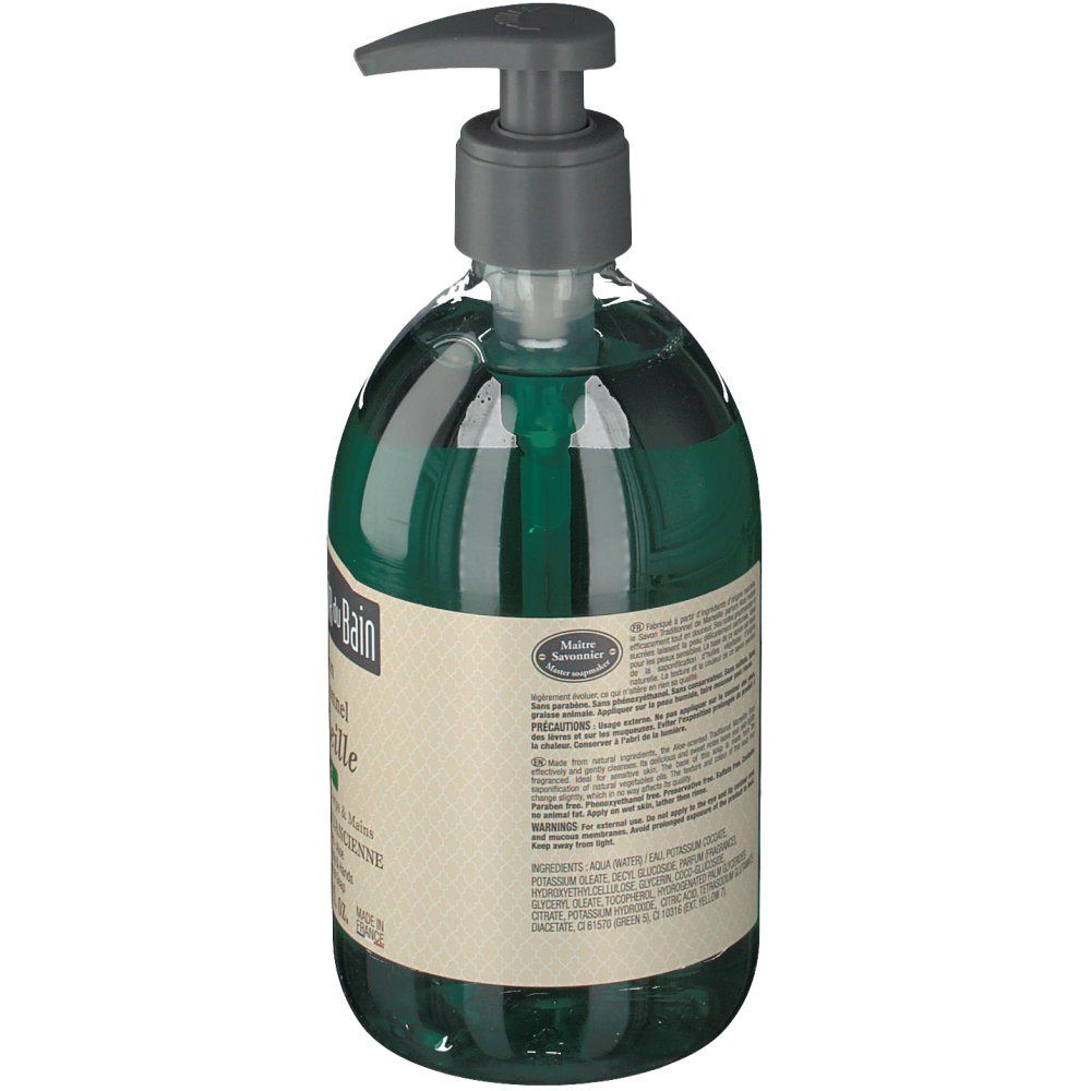 Savon liquide vert en flacon avec pompe. Dos avec texte et étiquette. Marque: Le Comptoir du Bain.