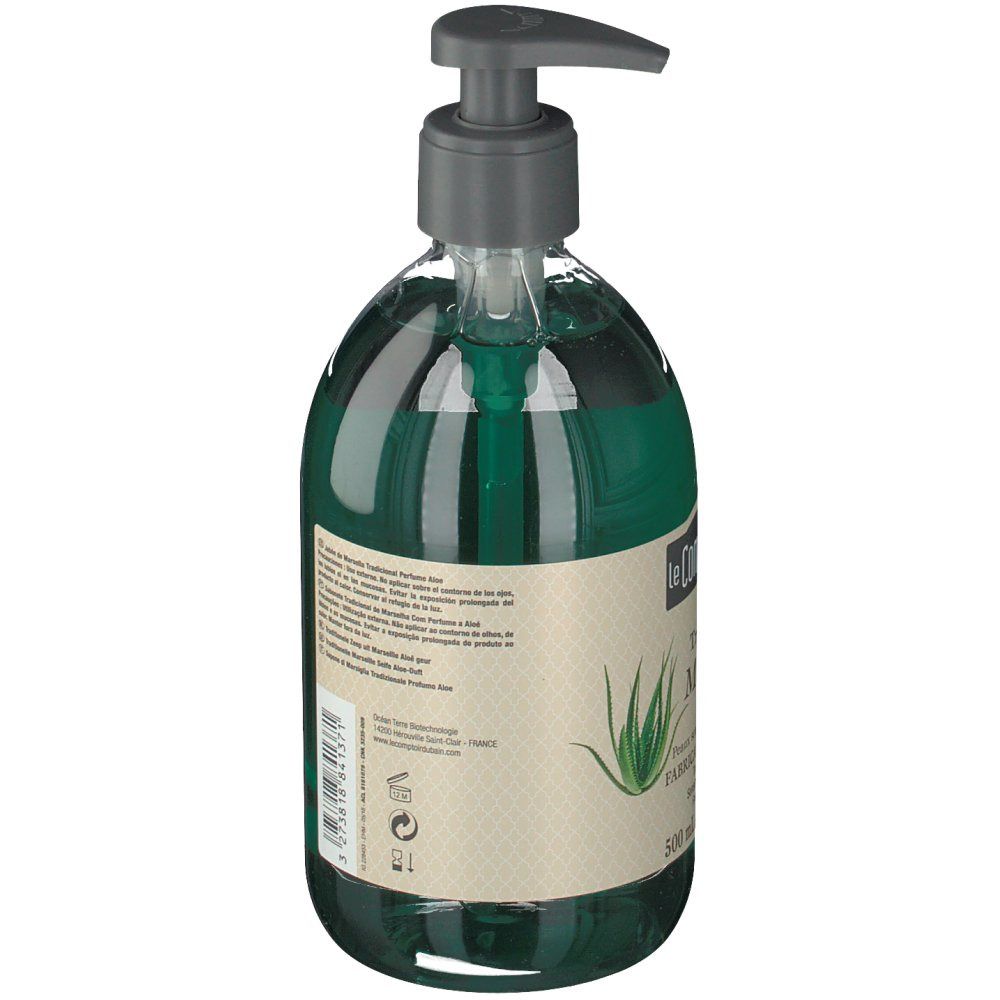 Savon liquide vert en flacon avec pompe. Dos avec texte et étiquette. Marque: Le Comptoir du Bain.
