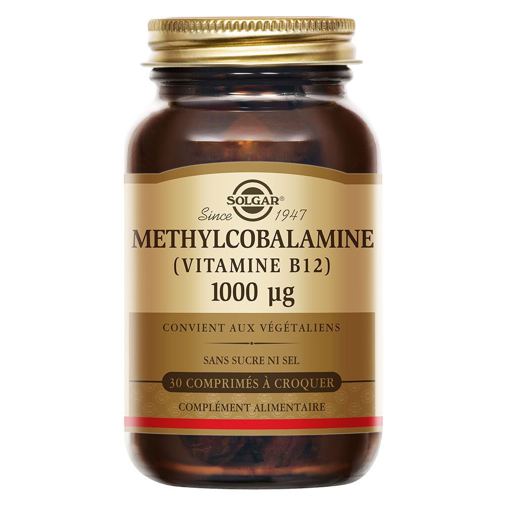Flacon brun avec bouchon doré. Étiquette SOLGAR, Methylcobalamin, 1000 µg, 30 comprimés.