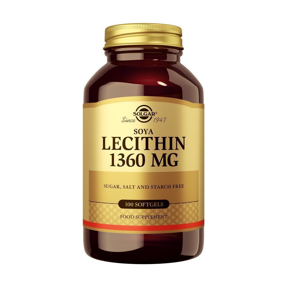 Flacon en verre brun avec bouchon doré. L'étiquette indique "SOLGAR Soya Lecithin 1360 MG". Contient 100 gélules.