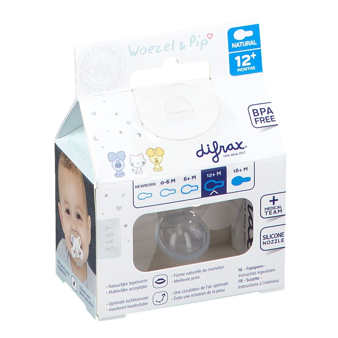 Verpackung mit Schnuller. Marke Difrax, Natural, 12 Monate+. BPA-frei. Silikon-Sauger. Baby-Illustrationen.
