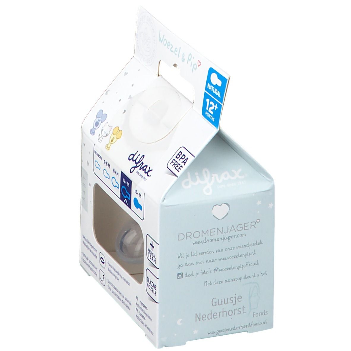 Verpackung mit Schnuller. Marke Difrax, Natural, 12 Monate+. BPA-frei. Baby-Illustrationen. Text.