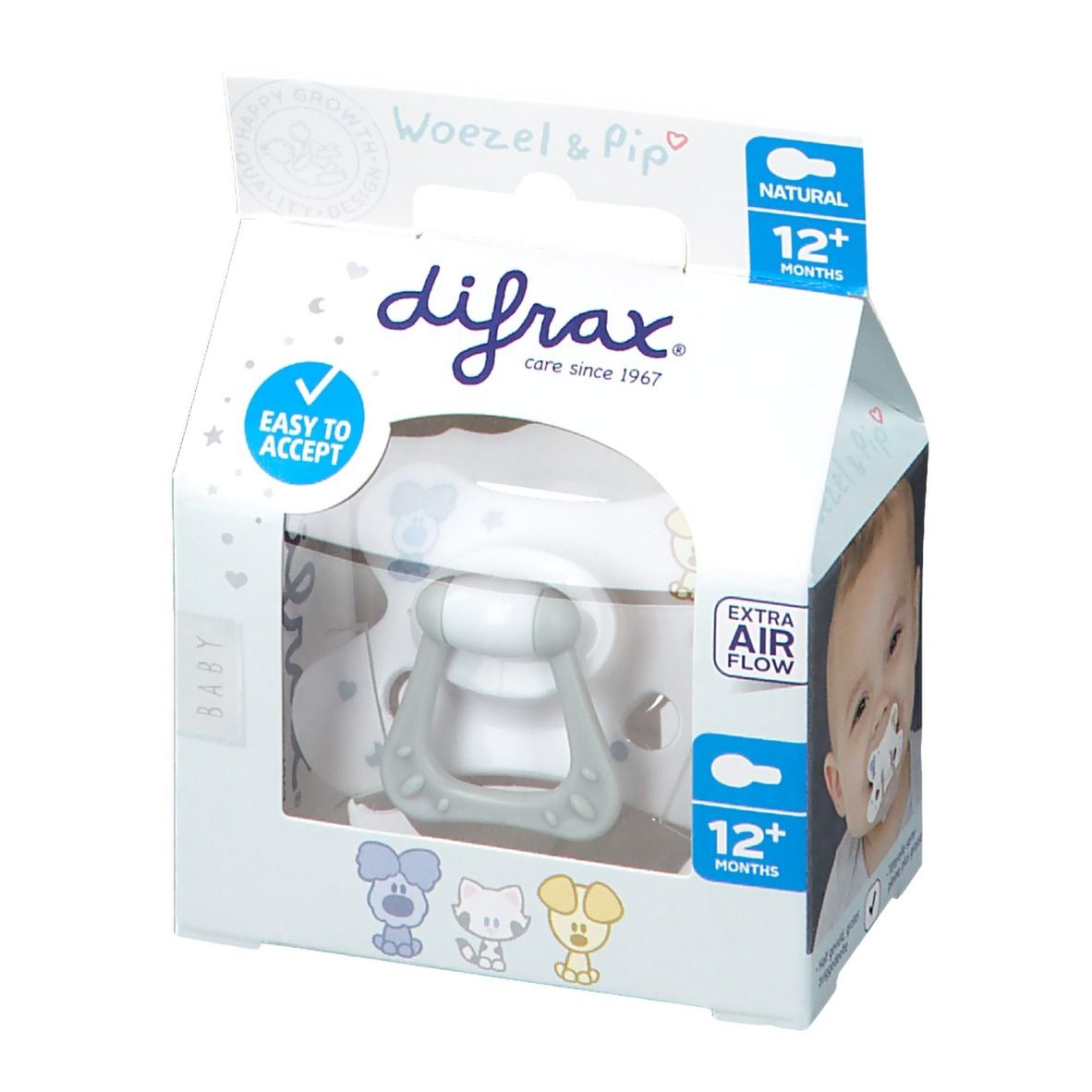 Verpackung mit Schnuller. Marke Difrax, Natural, 12 Monate+. Baby mit Schnuller im Mund. Sichtfenster.
