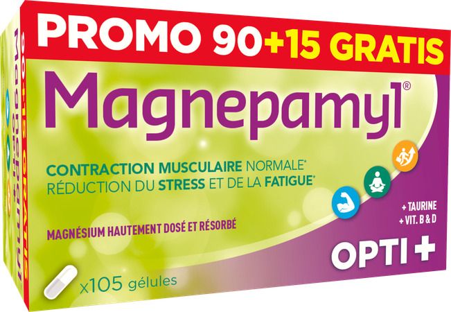 Boîte de Magnepamyl Opti+. Inscription: Promo 90+15 Gratis. Contient 105 gélules. Texte: Magnésium, Taurine, Vitamines B & D.