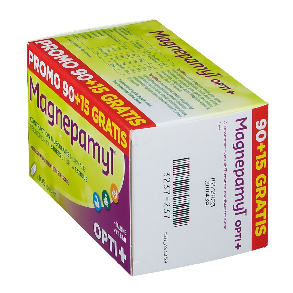 Packung Magnepamyl Opti+. Aufschrift: Promo 90+15 Gratis. Enthält 105 Kapseln. Text: Magnesium, Taurin, Vitamine B & D.