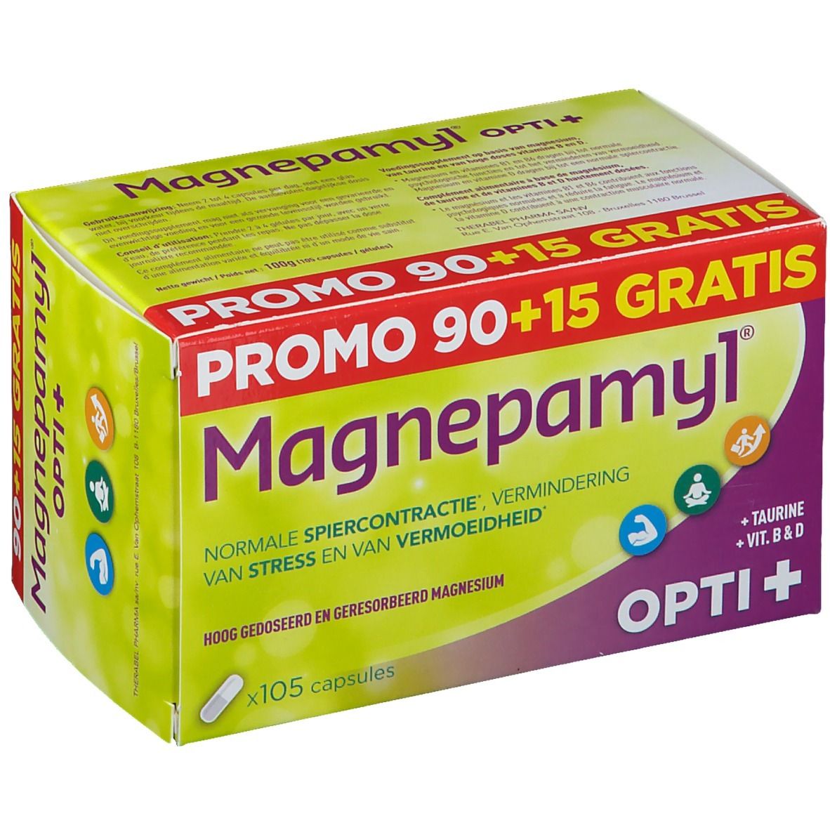 Packung Magnepamyl Opti+. Aufschrift: Promo 90+15 Gratis. Enthält 105 Kapseln. Text: Magnesium, Taurin, Vitamine B & D.