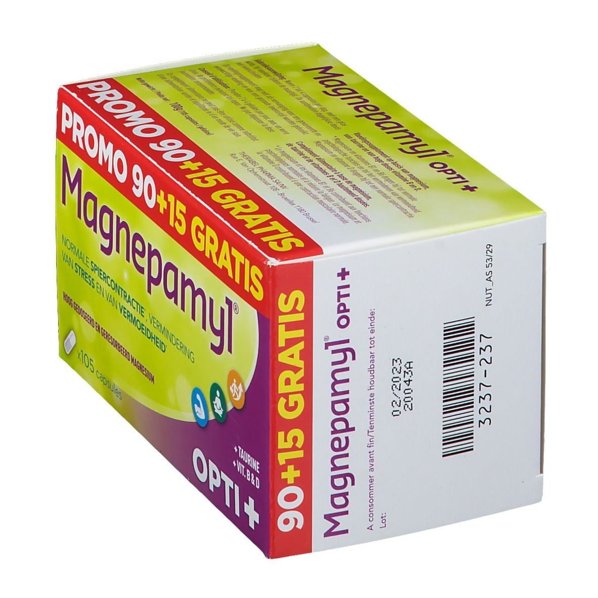 Packung Magnepamyl Opti+. Aufschrift: Promo 90+15 Gratis. Enthält 105 Kapseln. Text: Magnesium, Taurin, Vitamine B & D.