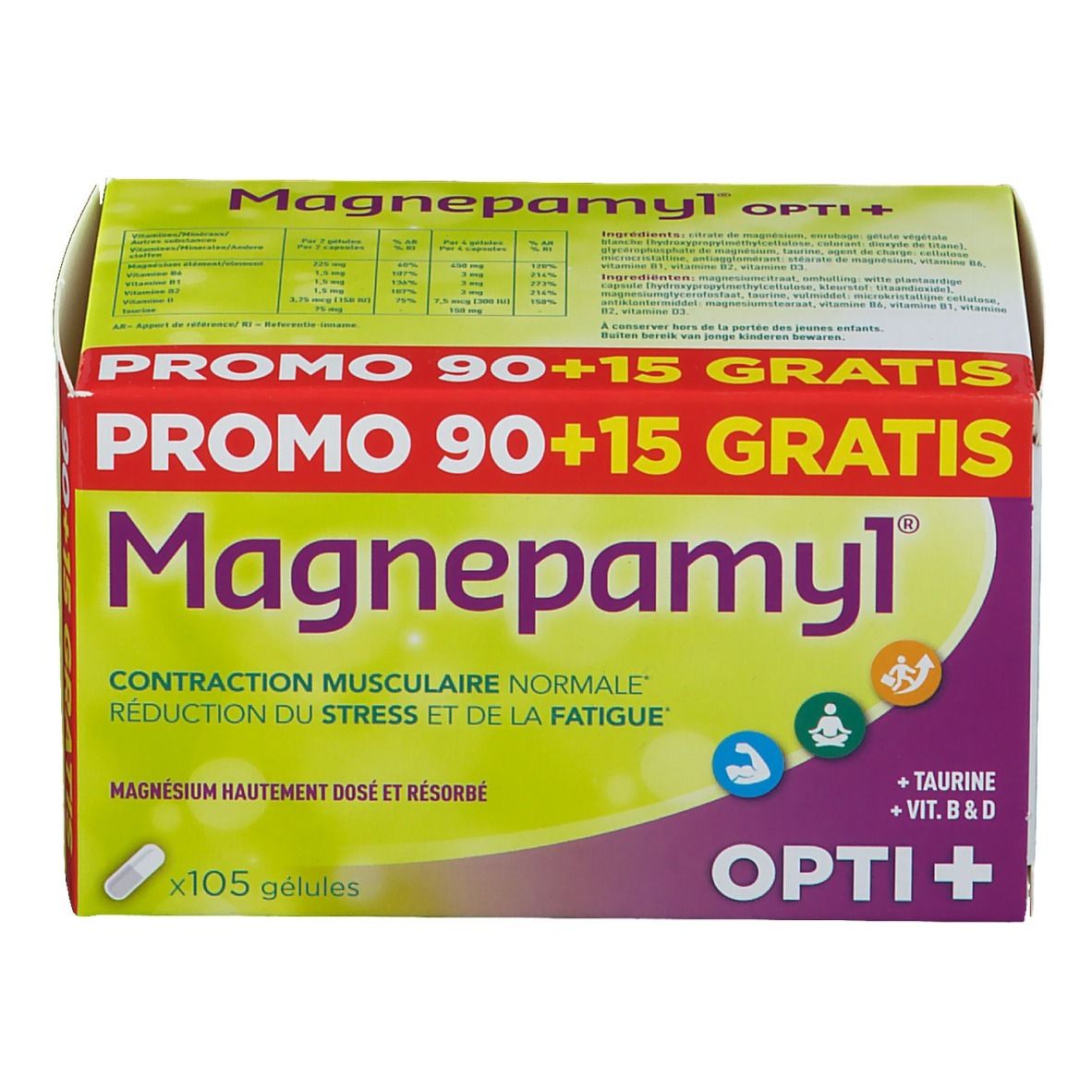 Packung Magnepamyl Opti+. Aufschrift: Promo 90+15 Gratis. Enthält 105 Kapseln. Text: Magnesium, Taurin, Vitamine B & D.