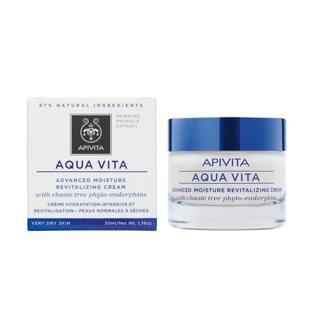 Pot et boîte de crème. Inscription : APIVITA AQUA VITA, Advanced Moisture Revitalizing Cream. Pour peaux très sèches. 50ml.