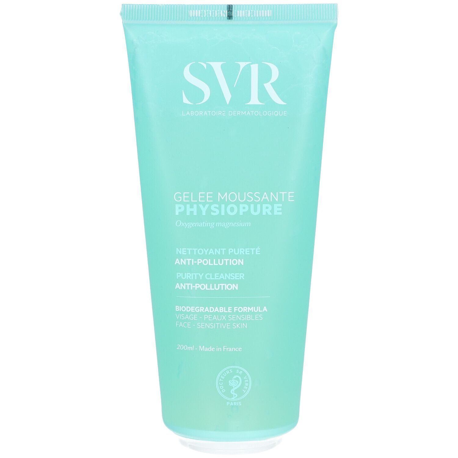 Tube bleu clair avec logo SVR blanc et nom du produit. Texte : Gelee Moussante Physiopure, nettoyant pour peaux sensibles.