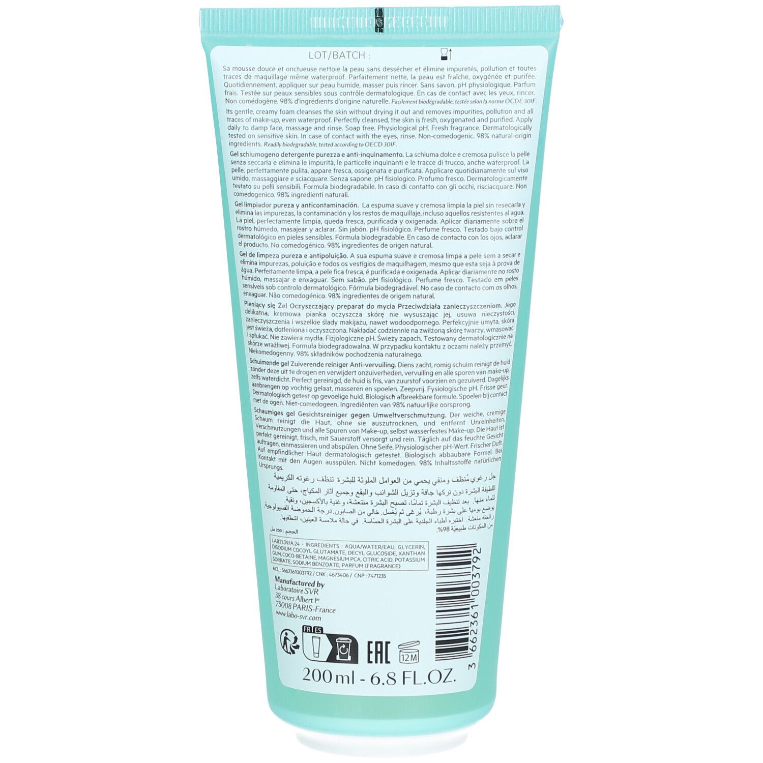 Dos du tube bleu clair. Texte multilingue. Informations sur les ingrédients et le fabricant. Volume : 200 ml.