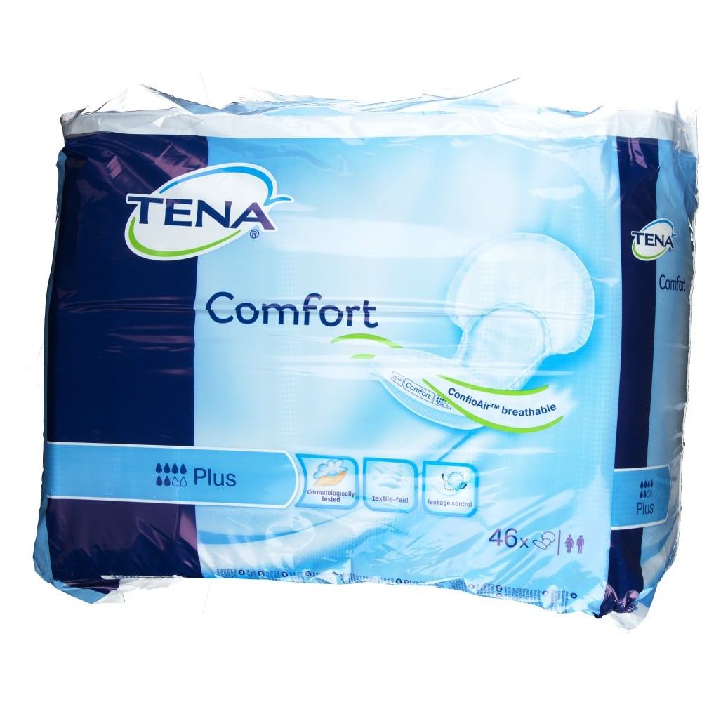 Verpackung mit TENA Comfort Plus. Blaue Verpackung mit Produktabbildung und Logos. 46 Stück.
