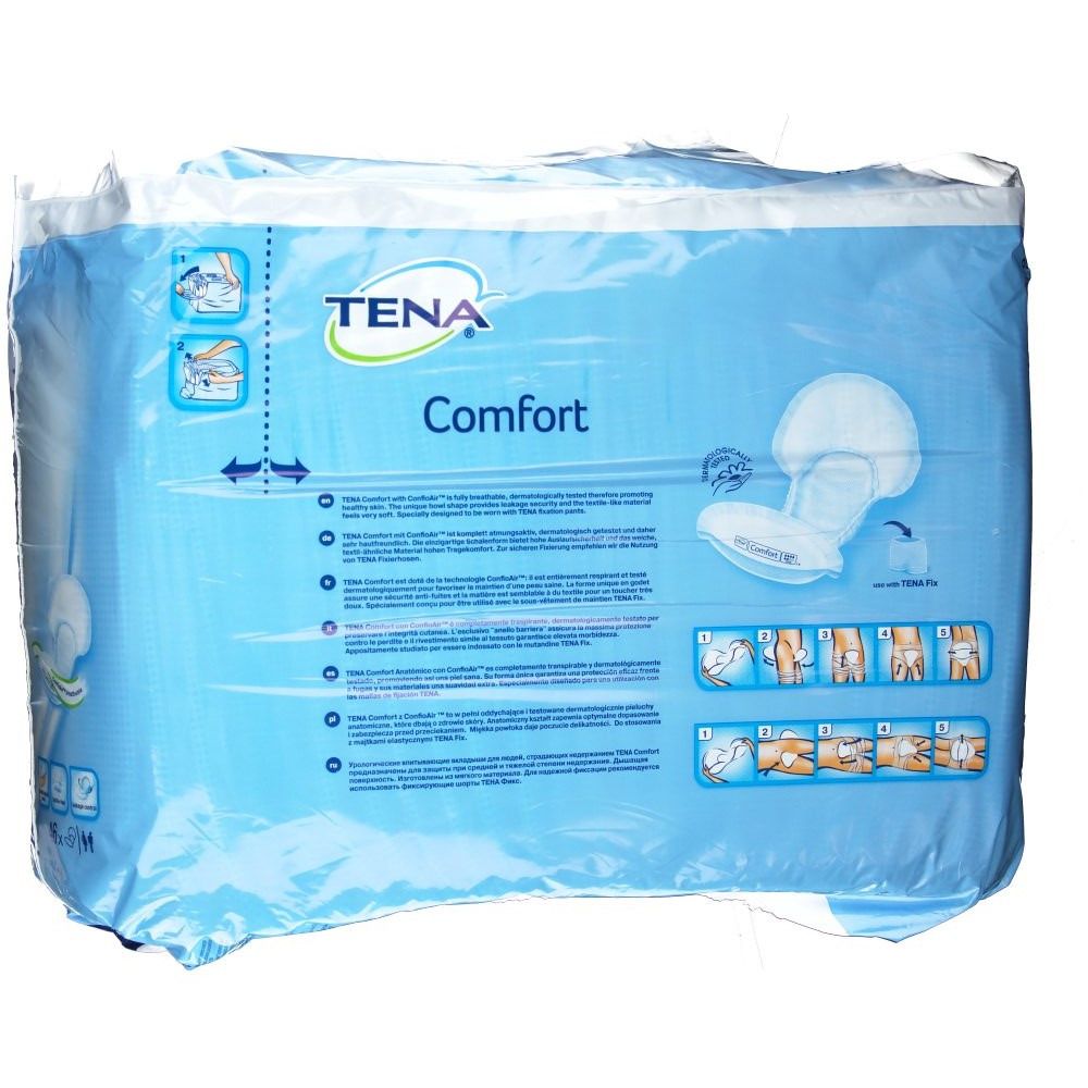 Verpackung TENA Comfort. Blaue Verpackung mit Produktabbildung und Piktogrammen. Produktbeispiele.