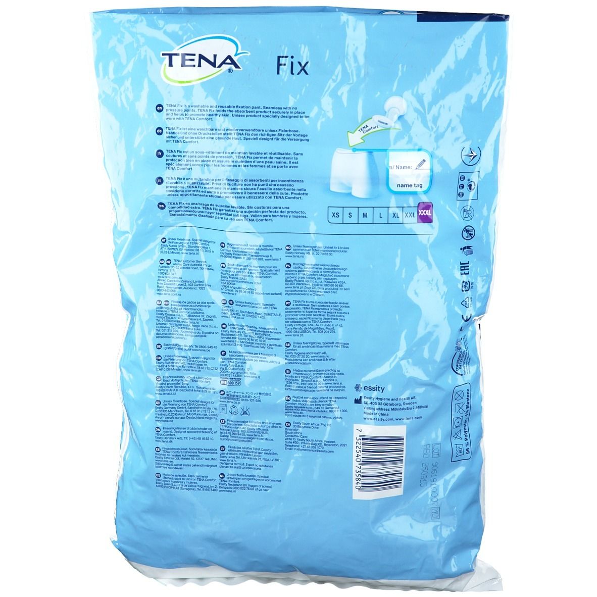Emballage bleu TENA Fix Fixierhosen. Tailles XS à XXXL. Illustration du produit et texte multilingue.