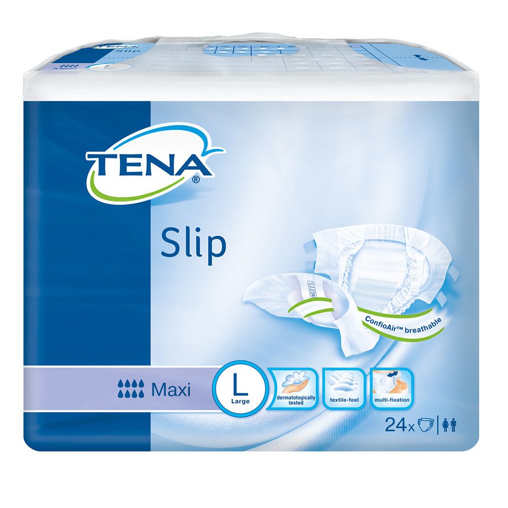 Verpackung mit TENA Slip Maxi Windeln. Größe L. Aufdrucke: TENA, Slip, Maxi, dermatologisch getestet, textilähnlich, multi-fixation, 24 Stück.
