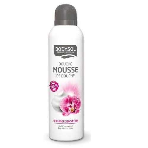Weißes Bodysol Dusch Mousse mit grauer Kappe. Aufdruck: Orchidee, Mousse de Douche. Rosa Orchideenblüte.