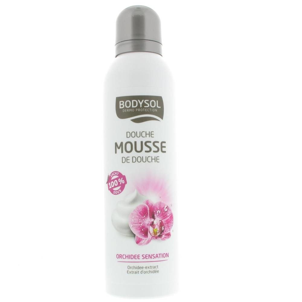 Weißes Bodysol Dusch Mousse mit grauer Kappe. Aufdruck: Orchidee, Mousse de Douche. Rosa Orchideenblüte.
