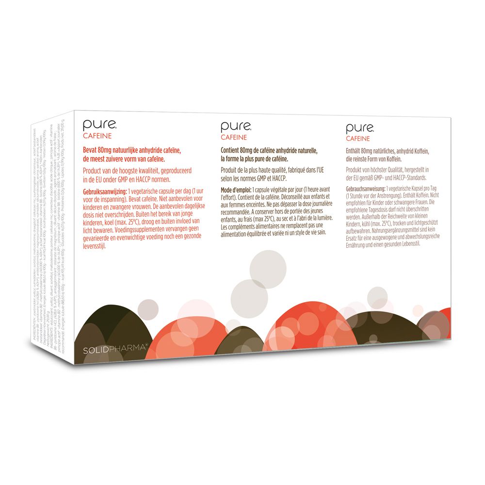 Rückseite der weißen Schachtel "pure CAFFEINE". Mehrsprachiger Text und Design.