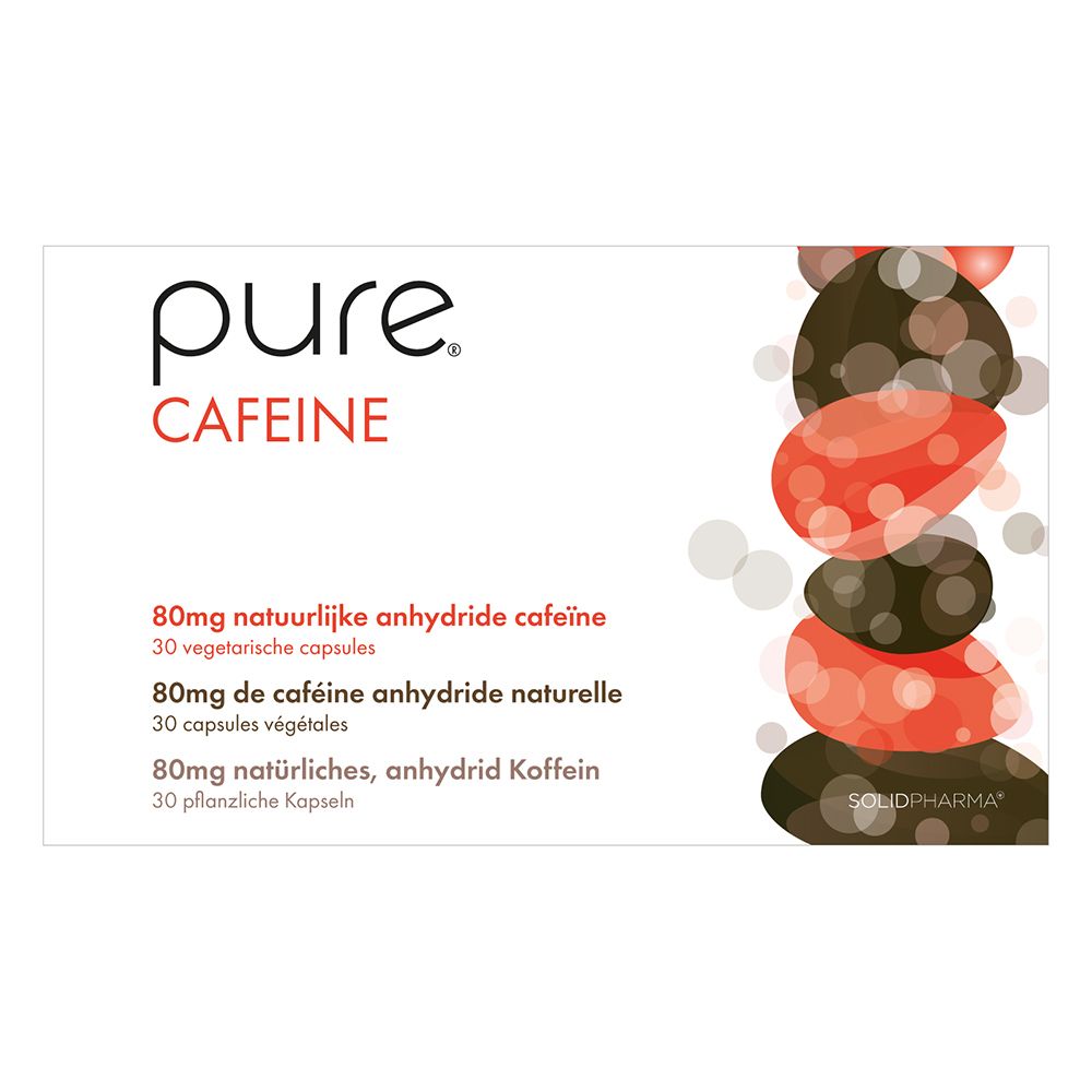 Boîte blanche "pure CAFFEINE". Contient des gélules. Texte et design multilingues.