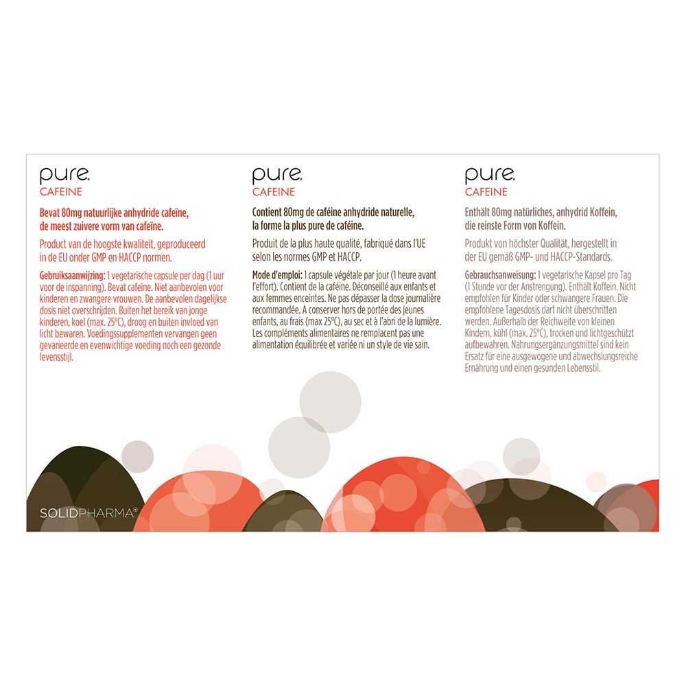 Boîte blanche "pure CAFFEINE". Contient des gélules. Texte et design multilingues.