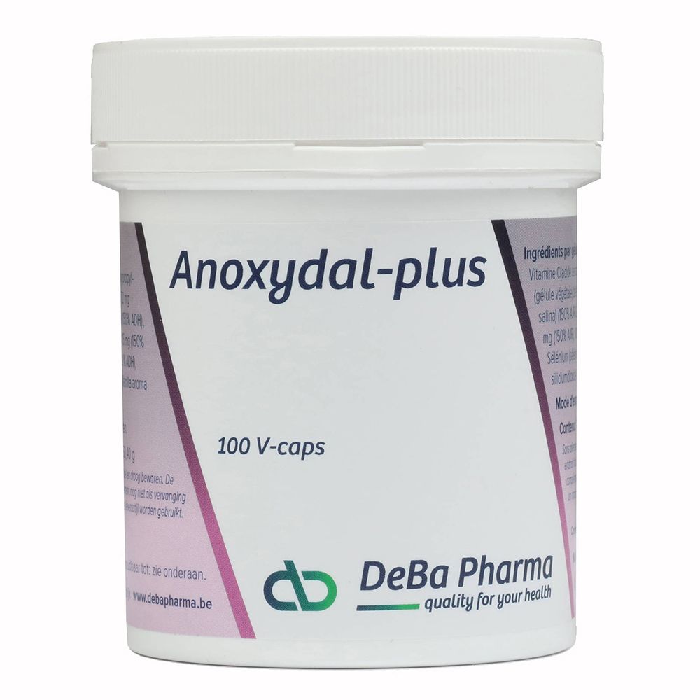 Weißer Behälter mit Deckel. Aufschrift Anoxydal-plus, 100 V-caps. DeBa Pharma Logo.