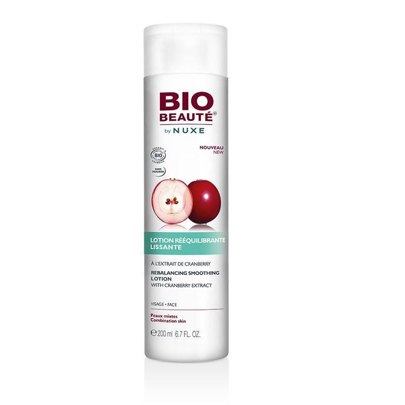 Weiße Flasche mit weißem Deckel. Aufschrift: BIO BEAUTÉ by NUXE. Abbildung von Cranberry. Text: Lotion rééquilibrante lissante.