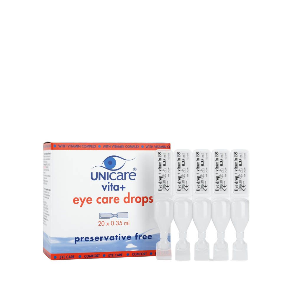 Packung Unicare Vita+ Augentropfen mit 5 Ampullen. Aufdruck: eye care drops, preservative free. Weiße Ampullen.