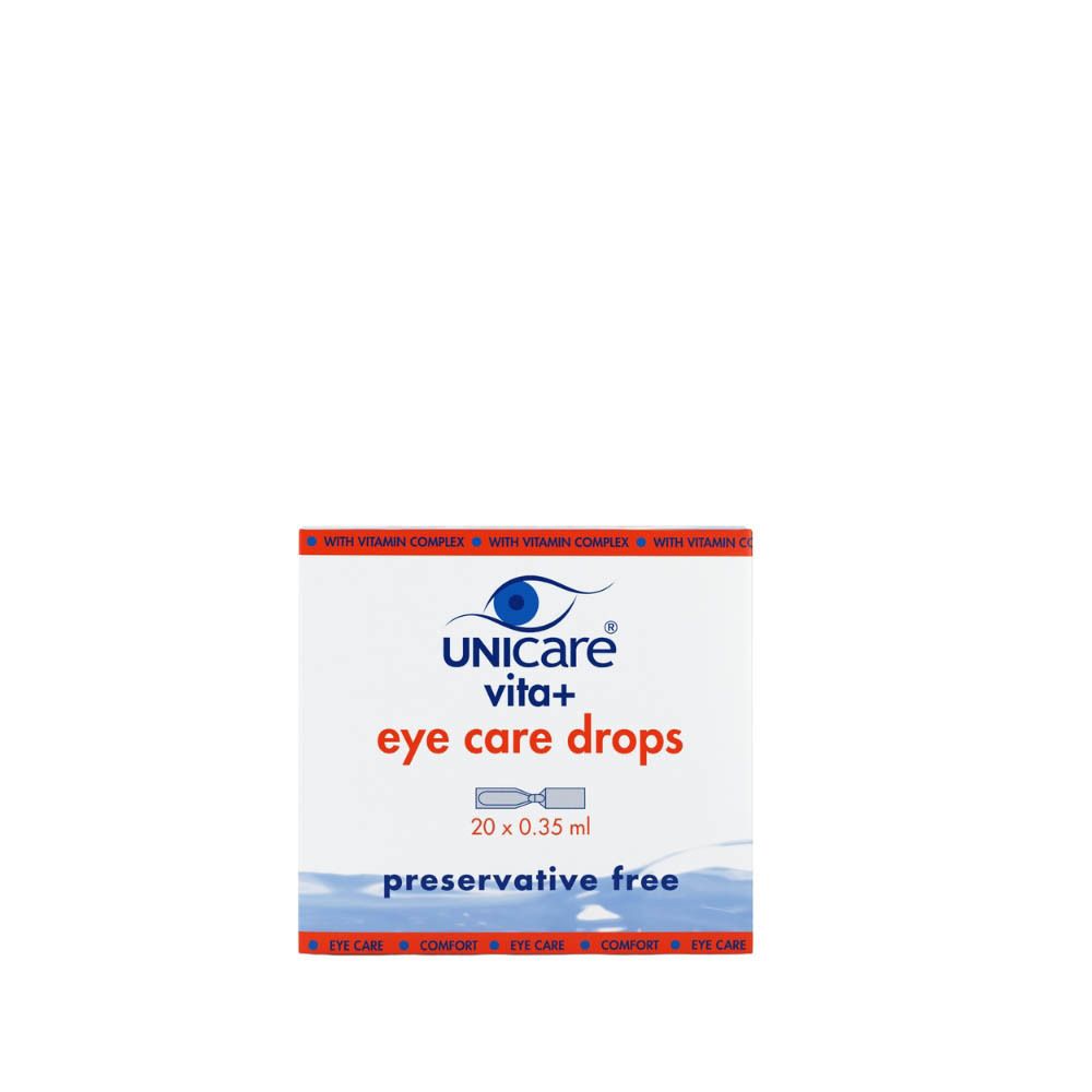 Vorderseite des weißen Kartons von Unicare Vita+ Augentropfen. Aufdruck: eye care drops, preservative free. 20 Ampullen.