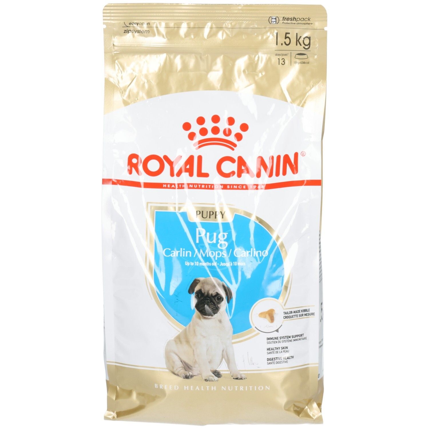 Royal Canin BHN Pug Puppy Hundefutter, 1.5 kg Beutel mit Pug-Welpen-Illustration.