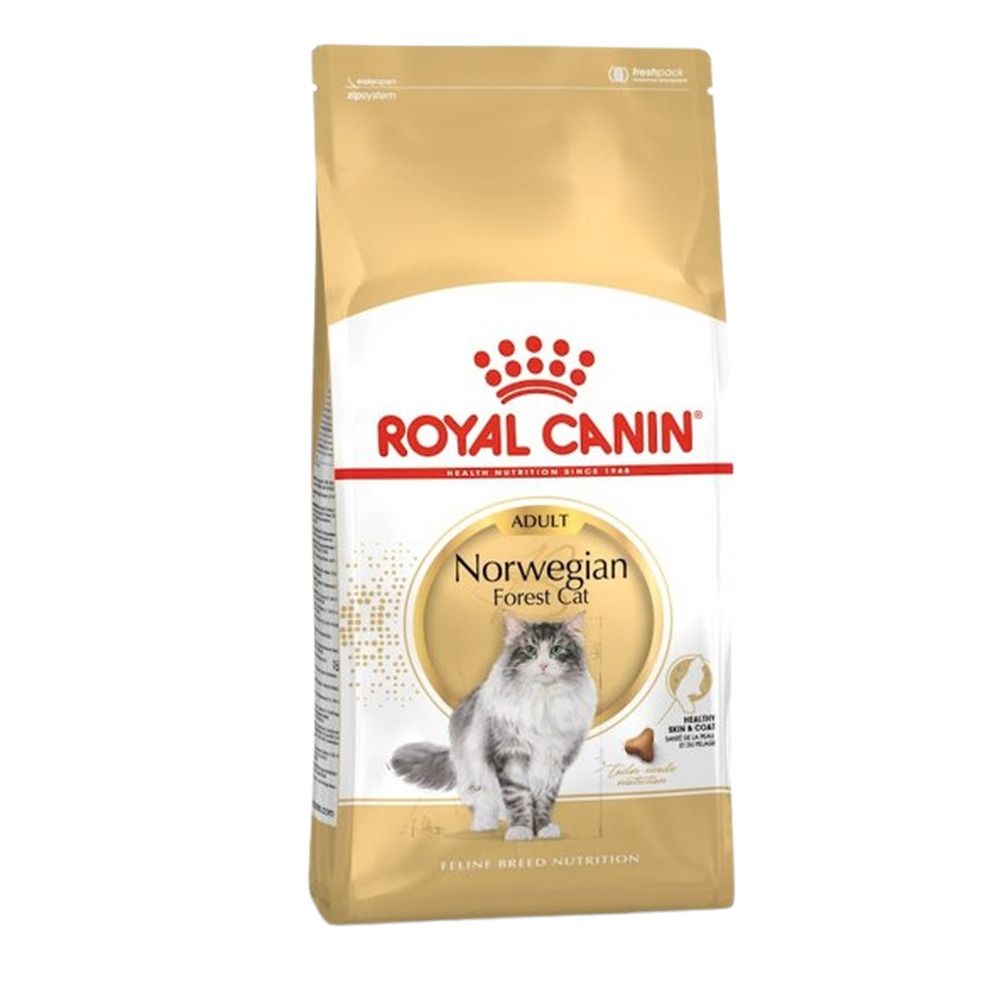 Sacs de nourriture sèche Royal Canin pour chat Norvégien, 10 kg, avec image de chat.