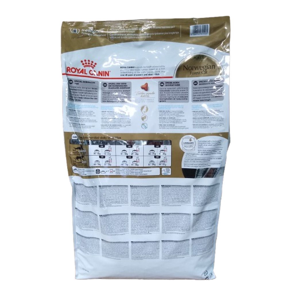 Rückseite eines 10 kg Beutels Royal Canin Norwegian Forest Cat Trockenfutter mit Fütterungstabellen.
